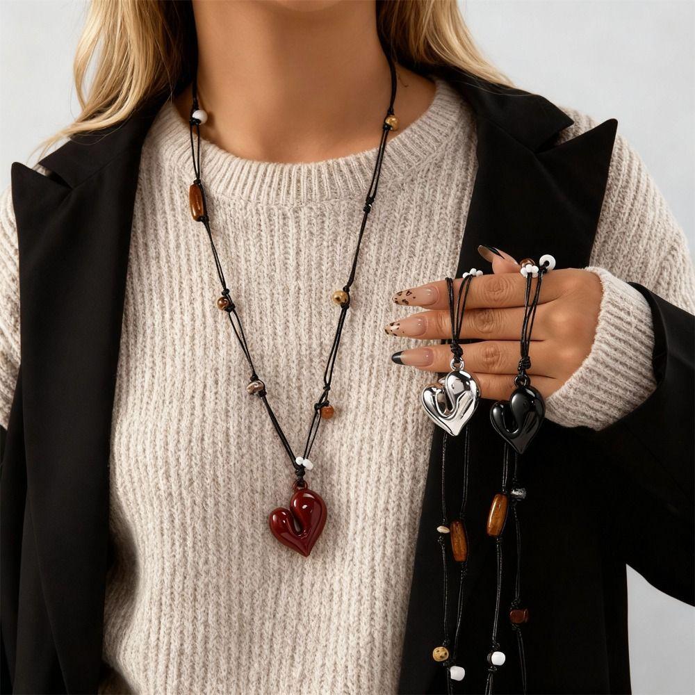 Flowers Beads Heart Pendant Necklace Adjustable Beaded Necklace Irregular Heart Necklace  For Women