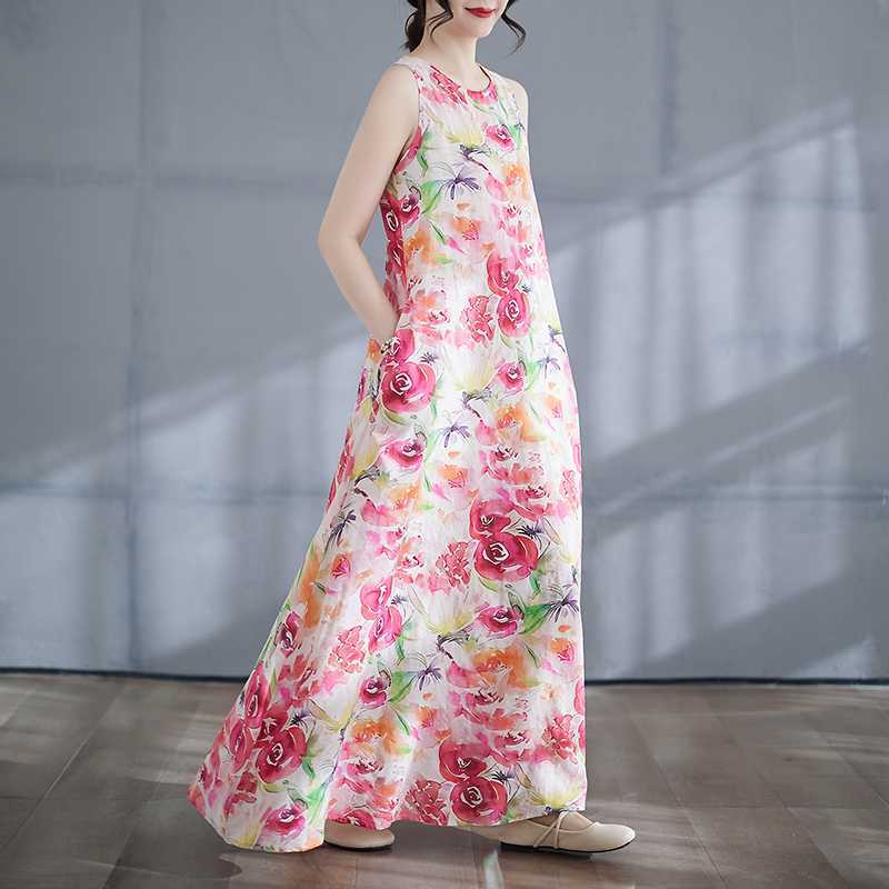 New Boho Long Dress Summer New Style Add Fat To Increase Sleeveless Crew-neck Print Dress