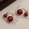 Elegant Red Faux Pearl Earrings for Women - Glossy Spherical Design with Gold Pillars, Casual Accessories, Glossy Finishes, Faux Pearl Earrings