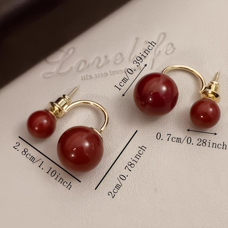 Elegant Red Faux Pearl Earrings for Women - Glossy Spherical Design with Gold Pillars, Casual Accessories, Glossy Finishes, Faux Pearl Earrings
