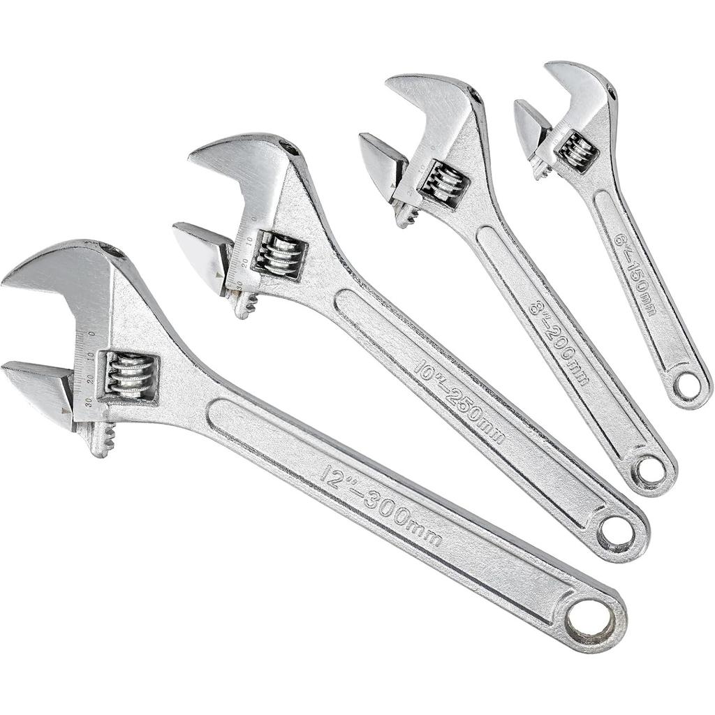 Set of 4 Adjustable Wrench Set, 6/8/10/12-Inch, Forged Cr-V Steel Crescent Wrench with Metric Scales, Heat Treated & Chrome Plated