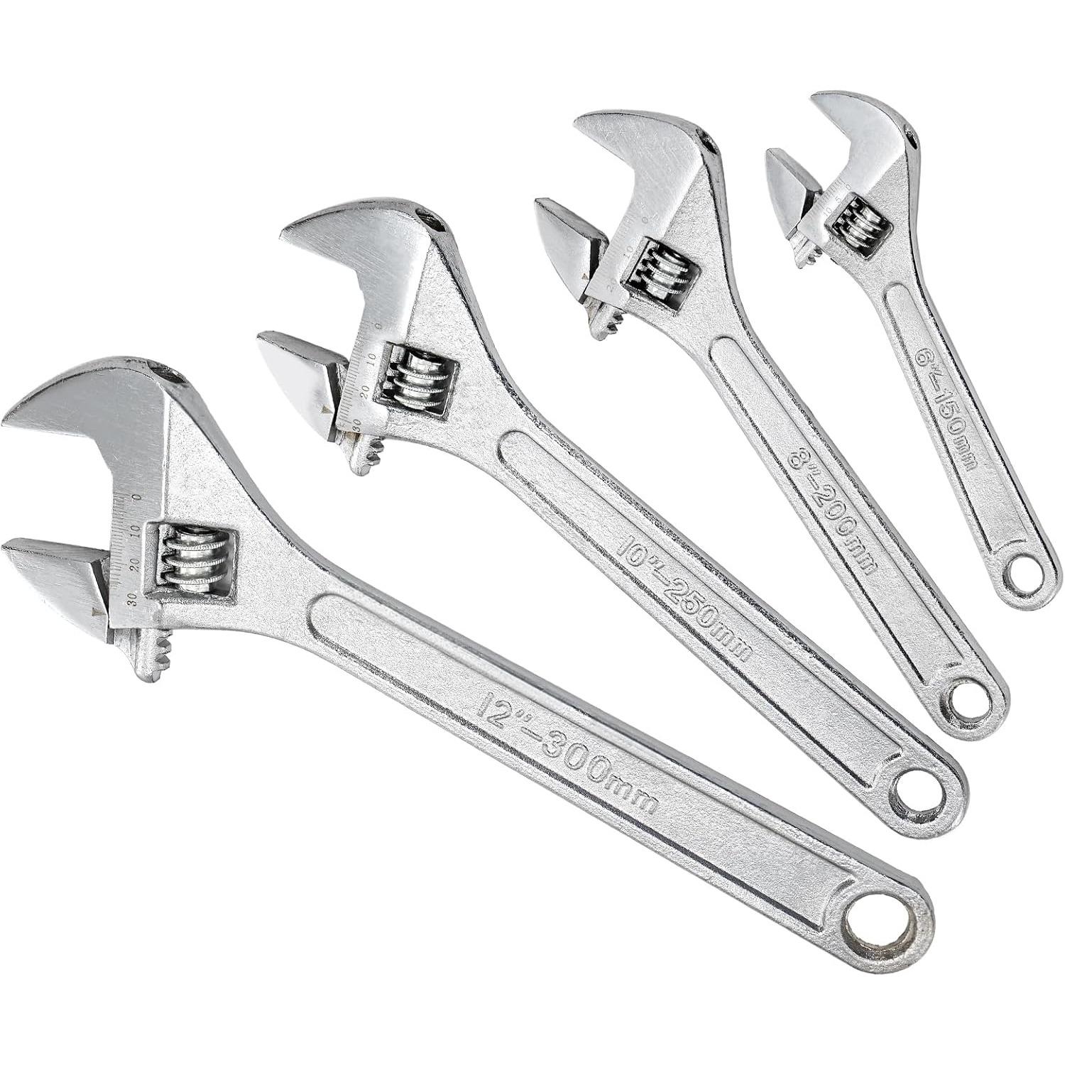 Set of 4 Adjustable Wrench Set, 6/8/10/12-Inch, Forged Cr-V Steel Crescent Wrench with Metric Scales, Heat Treated & Chrome Plated 4-Pack серебряный