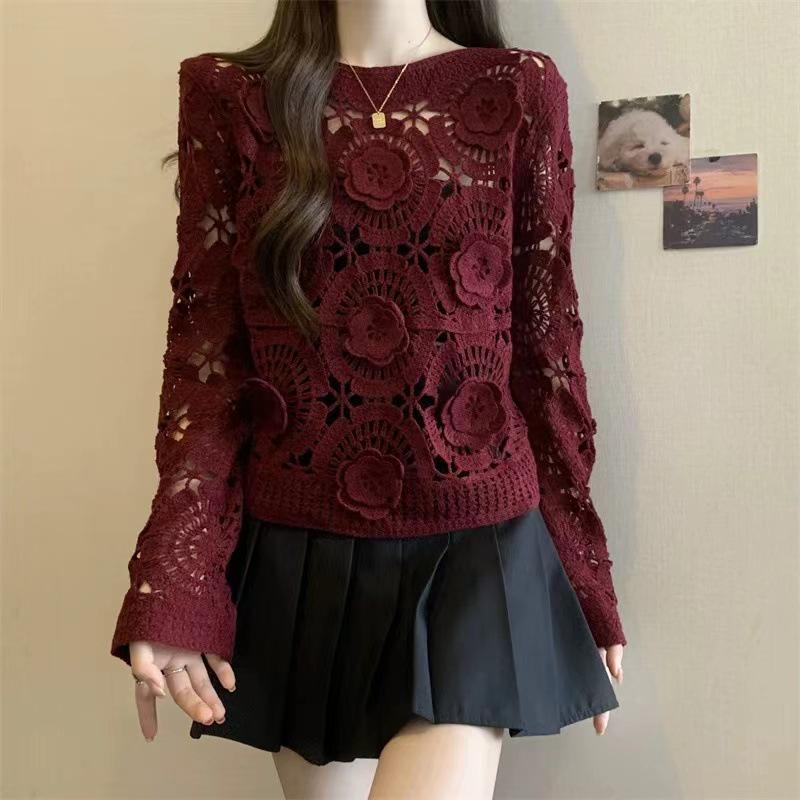 Plus Size Red Crochet Knit Sweater with 3D Floral Design for Women