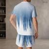 Men Plus Size Blue White Printed Round Neck Short Sleeve Top And Shorts With Pockets Two Piece Set