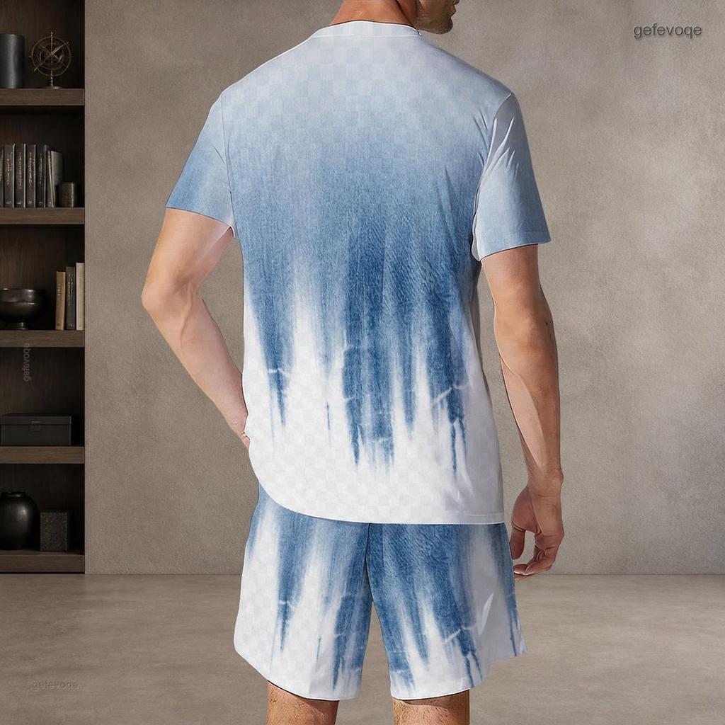 Men Plus Size Blue White Printed Round Neck Short Sleeve Top And Shorts With Pockets Two Piece Set