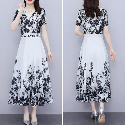 Damen Blumen Maxi Kleid Chinesischer Kunststil Druck A-Linie Langes Kleid Sommer Kurzarm V-Ausschnitt Strand Sommerkleid