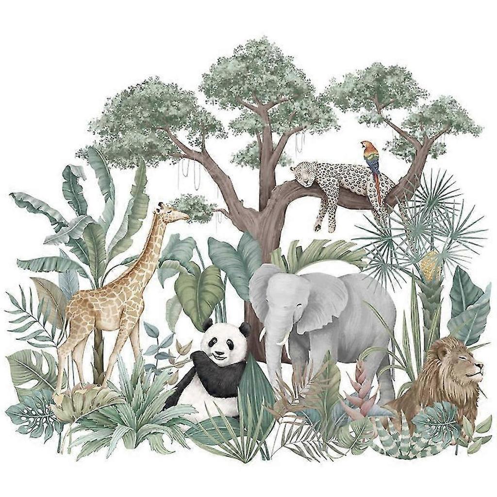 Animals Plants Wall Stickers,Cartoon Elephant Giraffe Plant Wallpaper Decor for Kids Bedroom Decor