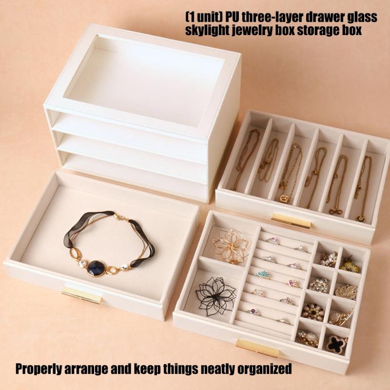 Jewelry Storage Box with Three Compartments Glass Access Lid PU Materials Cover Soft Velvets Cushioning