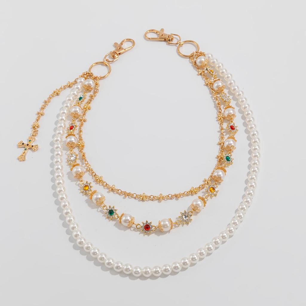 Hip-Hop Diamond-Encrusted Cross Pendant Waist Chain, Sweet And Cool Imitation Pearl Flower Chain Trouser Chain Pendant.