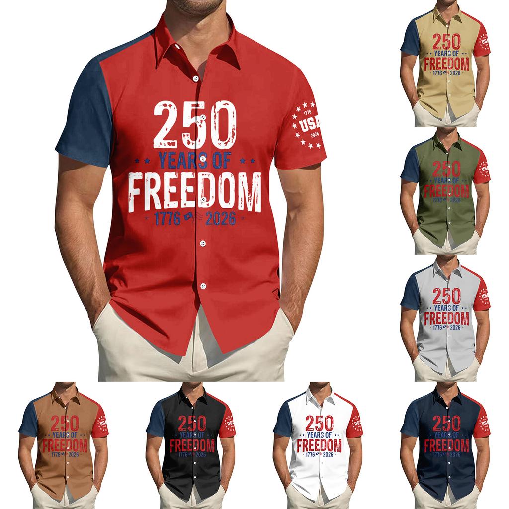 Men's Independence Day Printed Collared Top Men's Casual Sports Short-Sleeve Shirt
