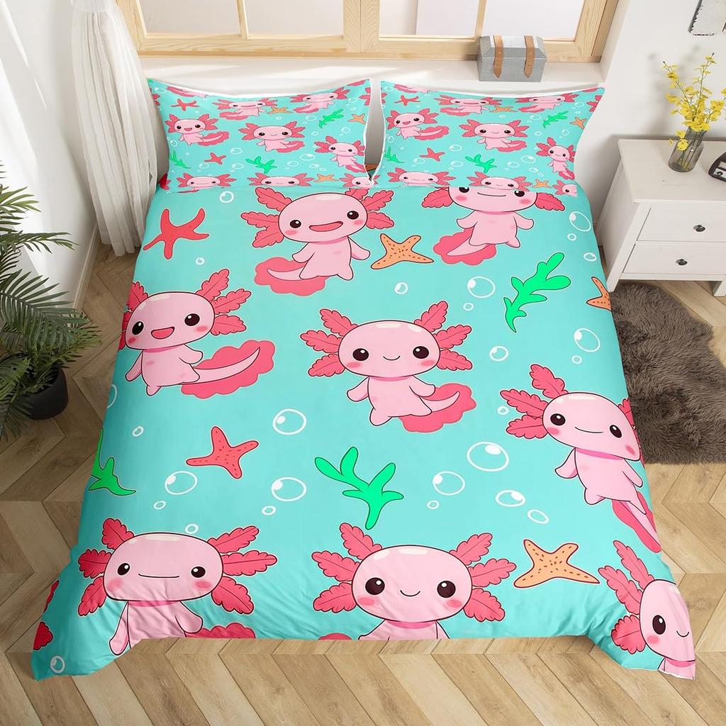 Cartoon Axolotl Duvet Cover Queen Twin Size Salamander Bedding Set for Kids Boys Girls Kawaii Sealife Creature Comforter Cover