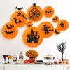 2sets Halloween Party Decoration Festival Set Halloween Tissue Paper Pom Poms Halloween Paper Fan Decorations Orange Fans with Bat Castle Witch Motifs