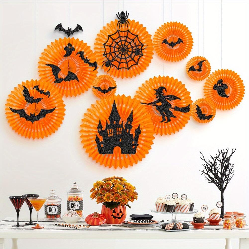 2sets Halloween Party Decoration Festival Set Halloween Tissue Paper Pom Poms Halloween Paper Fan Decorations Orange Fans with Bat Castle Witch Motifs