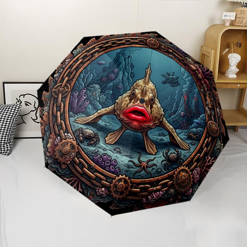 Underwater Mechanical Fish pattern umbrella, portable and foldable design, 8 ribs, a casual accessory for Halloween, Christmas, and birthday gifts.