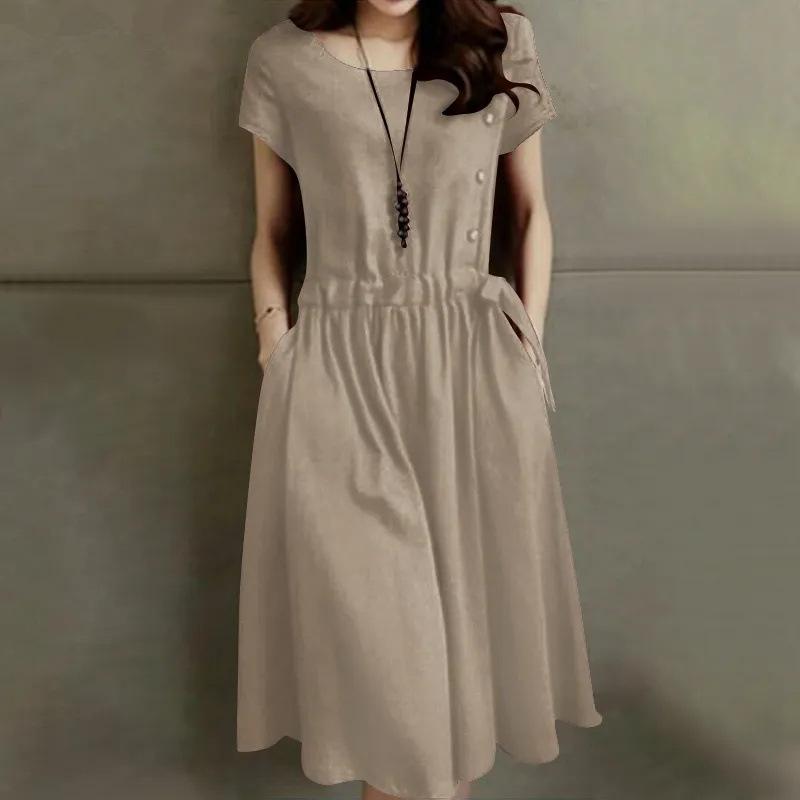 Einfarbiges Baumwoll-Leinen-Kleid, Mittellang, Schnürung, Taillenbetonend, Schlankmachend und Modischer Weiter Rock
