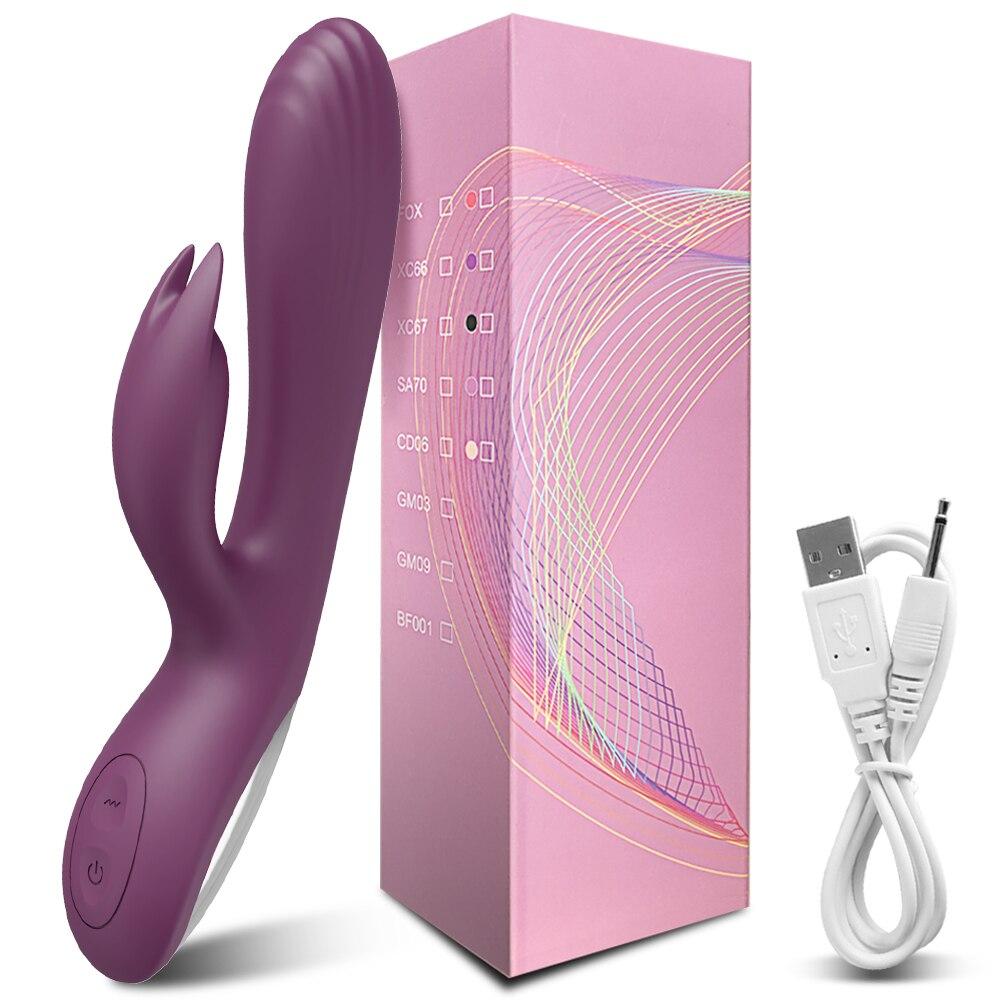 Kraftig G Spot Rabbit Vibrator Klitoris Nippel Dual Stimulator Massasjeapparat 2 i 1 Dildo Sexleketøy Handle Voksenvarer for kvinner