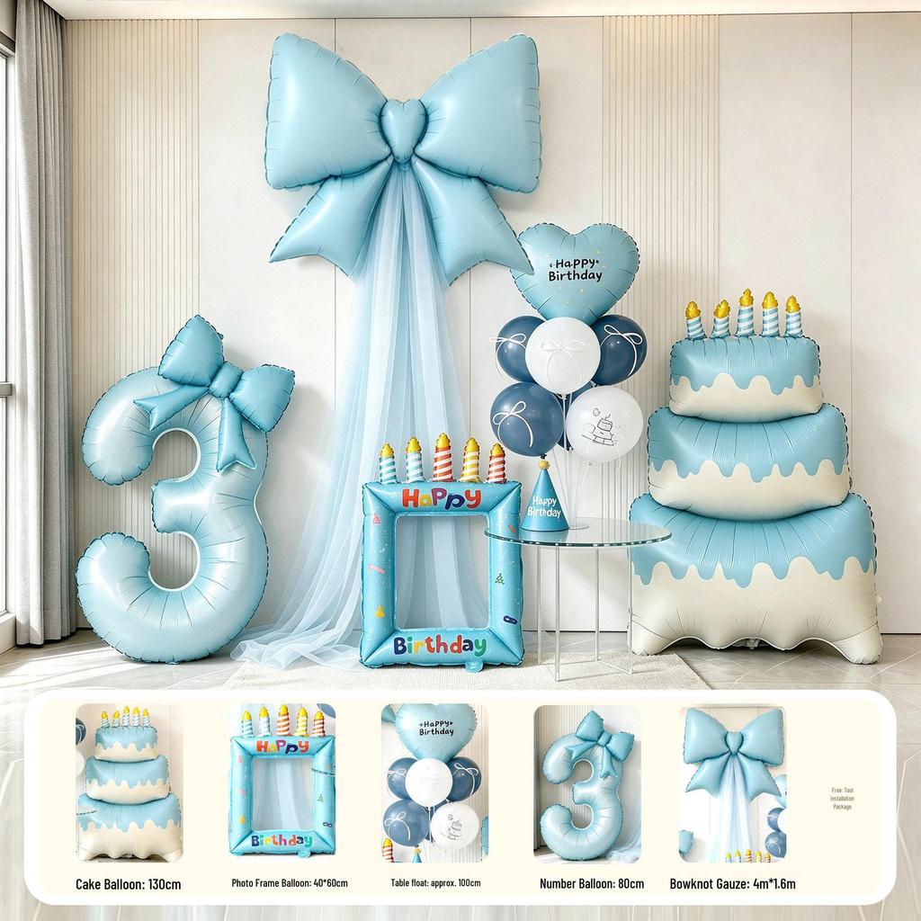 Blue First Birthday Party Decor Set with Bows, Cake Toppers, Number Balloons, and Photography Backdrop