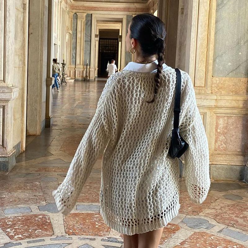 Sexy Hollow Out Sweaters European Women Loose Long Sleeve Pullovers Y2K Vintage Jumpers Autumn Crewneck Smock Tops