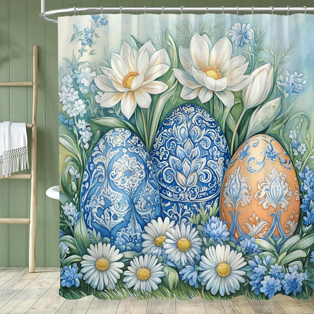 Happy Easter Shower Curtain,Egg and Rabbit Cartoon Printed Polyester Fabric Decorative Bathroom Curtain, Home Curtain with Hooks