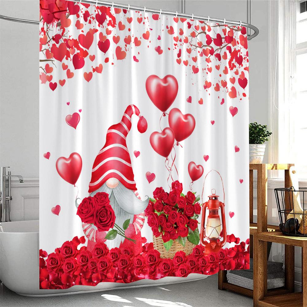 Valentine's Day Shower Curtains Cute Animals Highland Cattle Pig Flamingo Elf Heart Red Rose Bath Curtain Fabric Bathroom Decor