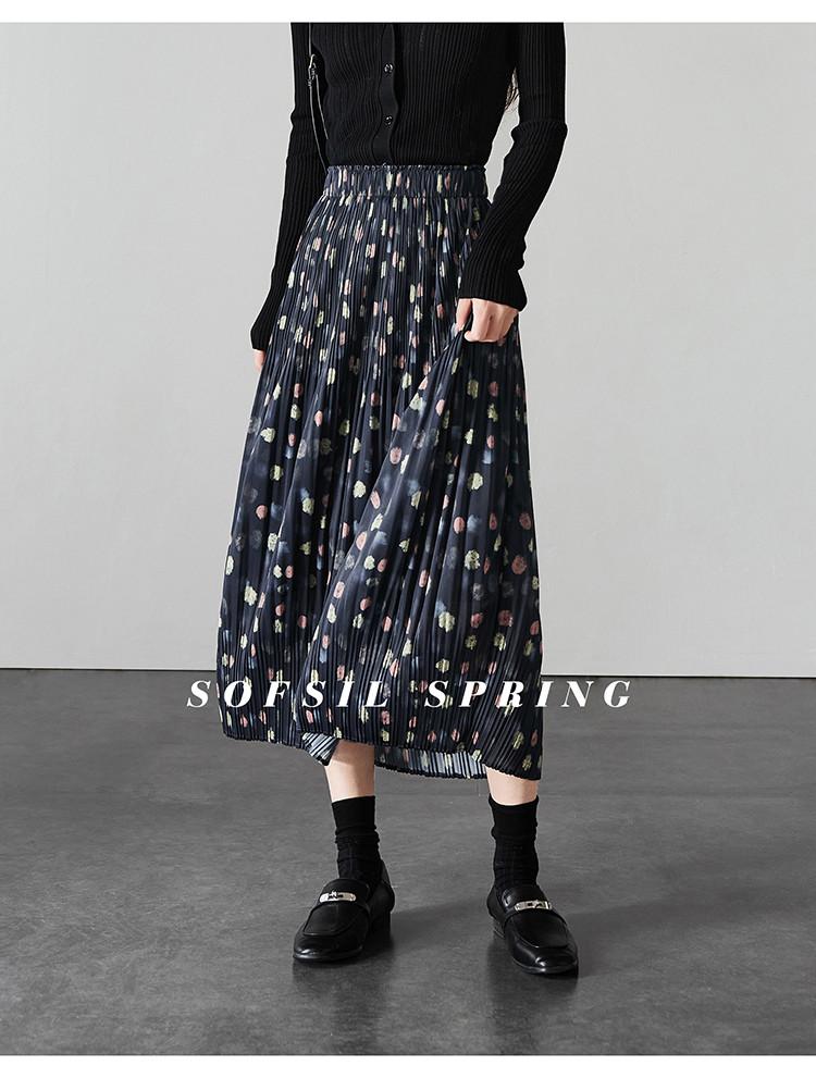 High waisted polka dot printed pleated skirt 2026 spring fashion loose and versatile mid length skirt