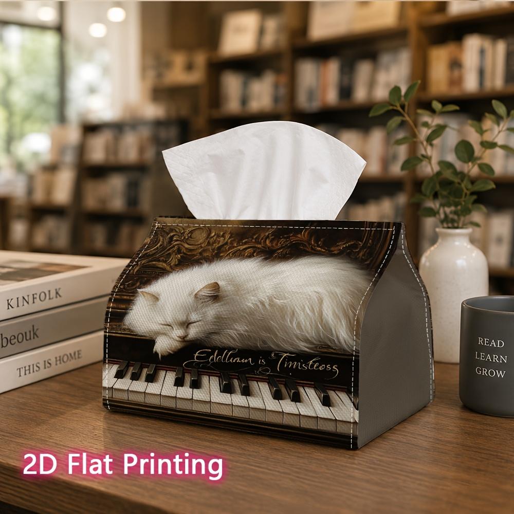1pc, 2d Flat Printing, Tissue Box The White Cat Pattern on the Piano Printed Tissue Box, Suitable for Home Gatherings, Car Decorationr, Decorative Tis