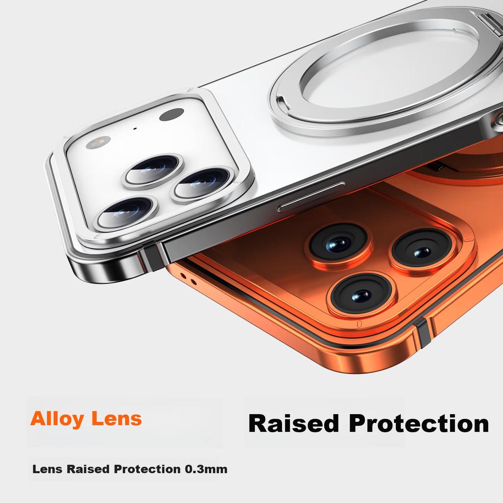 Alloy Frame Magnetic Rotating Stand Case for iPhone 17 Pro Max, MagSafe Compatible, Ultra-Thin Metal Premium Matte Anti-Drop Case - Orange