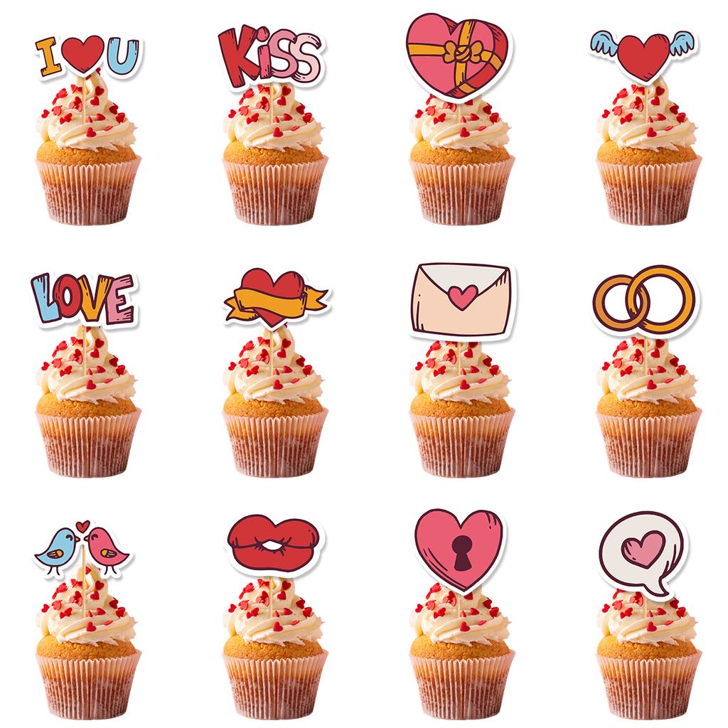 12pcs Red Heart I Love You XOXO Cake Toppers Valentines Day Cupcake Picks Wedding Engagement Birthday Party Cake Decoration