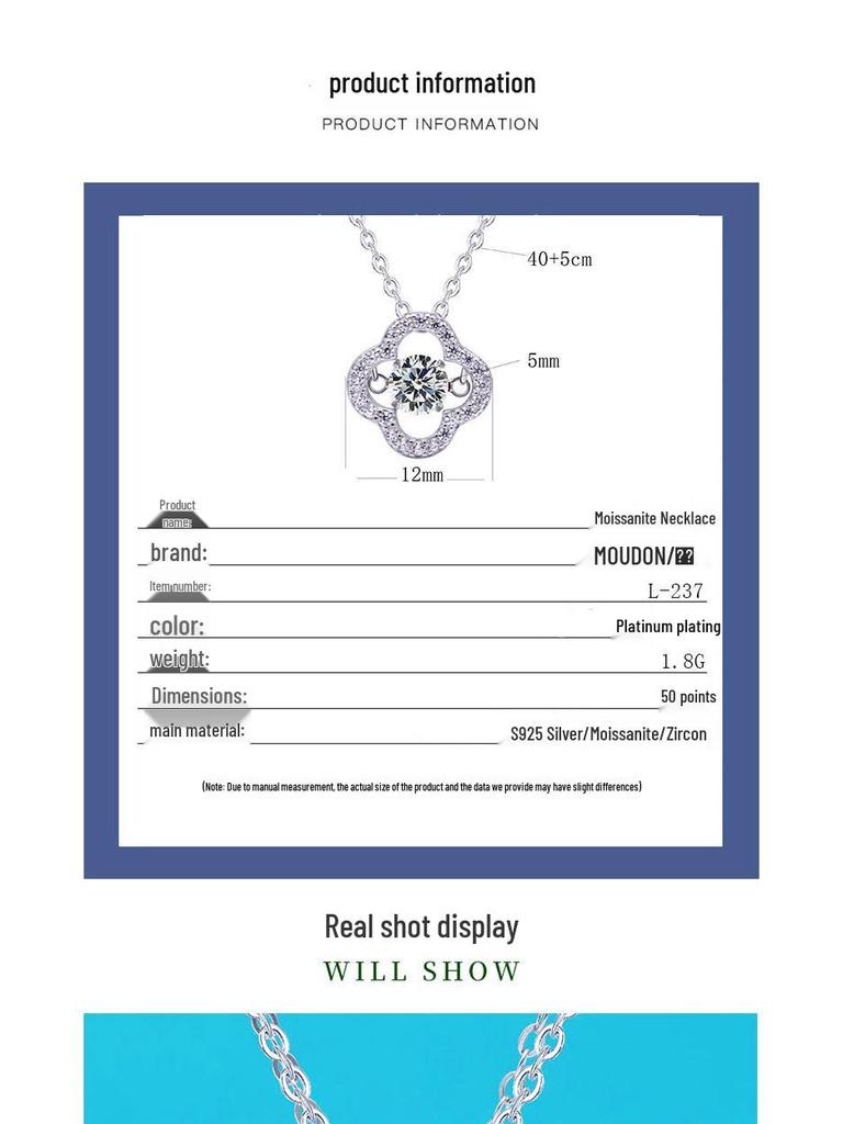 S925 Silver Dancing Heart Moissanite Necklace: Women's 50-Point Colored Moissanite Clover Pendant on Clavicle Chain