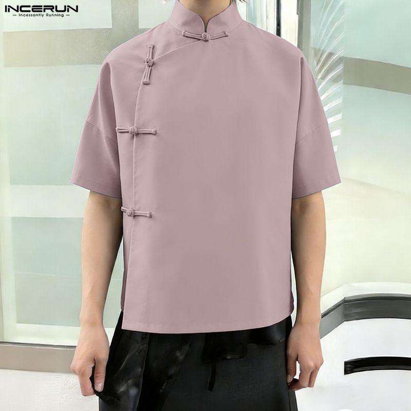 INCERUN Summer Men Stand Neck Short Sleeve Side Buttons Casual Vintage Shirts Tops