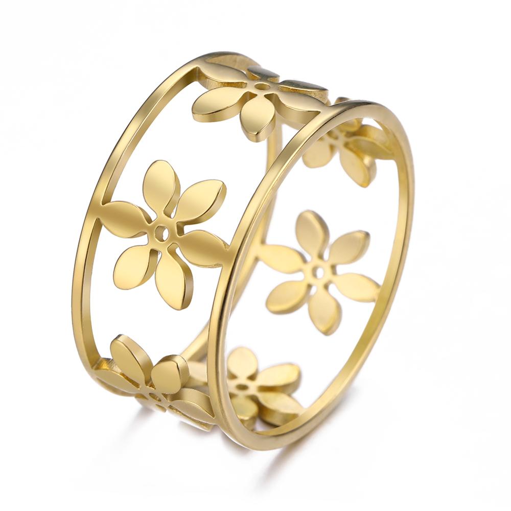 Romantic Flower Finger Ring Stainless Steel Wide Hollow Women Casual Rings Jewelry Engagement Anniversary Gift