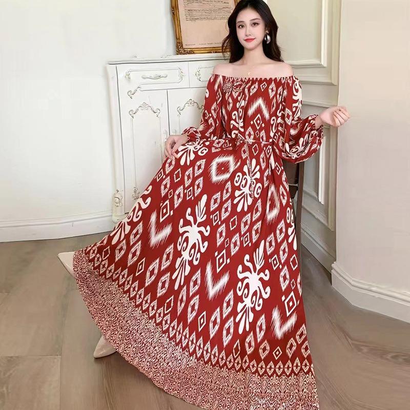 Fattened extra large size floral long-sleeved dress 100kg fat girl long dress one-word shoulder loose maternity dress