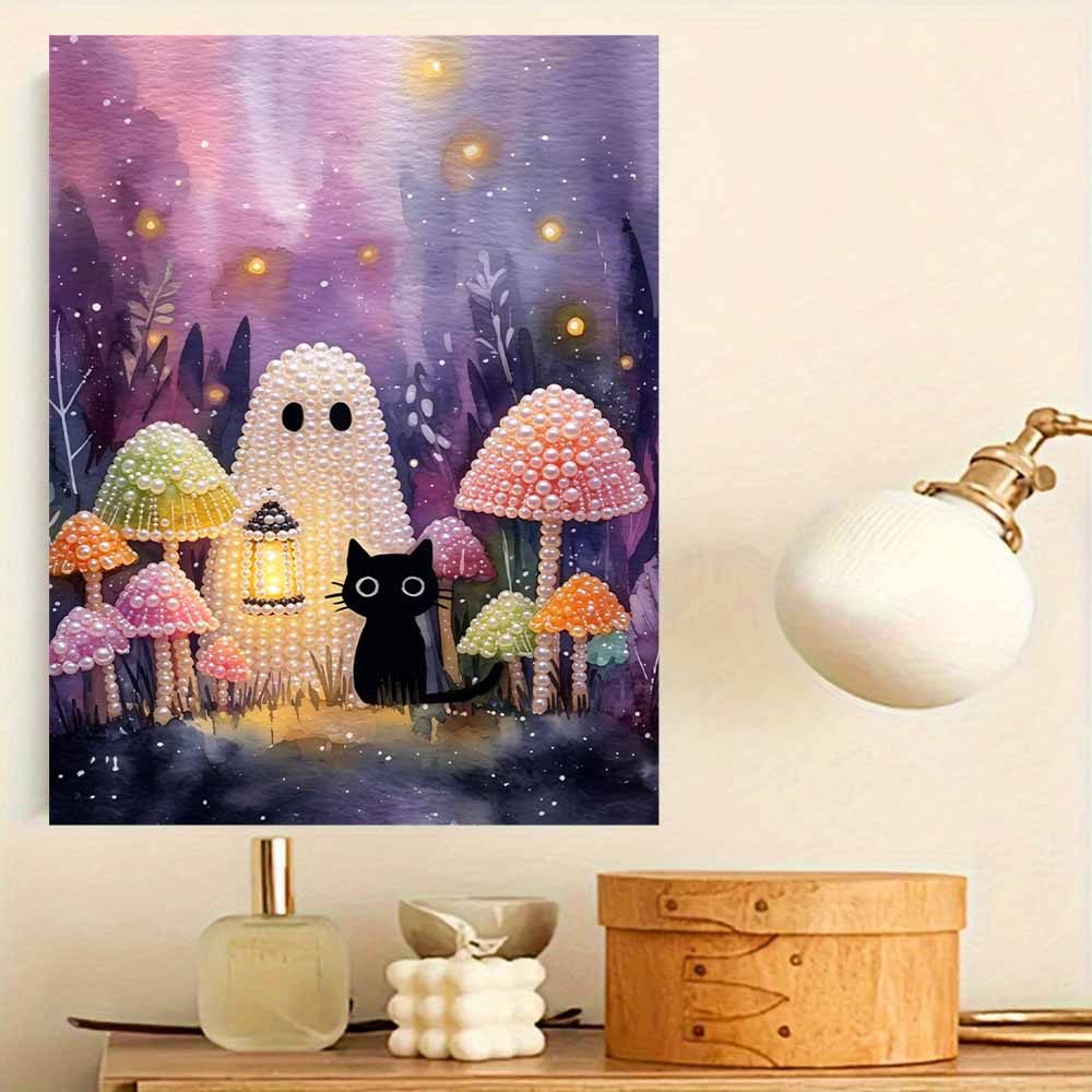 Frameless Pearl Painting Kit Black Cat Mushroom Forest Pattern DIY Shiny Bead Canvas Creative Leisure Craft Gift for Adults Decor