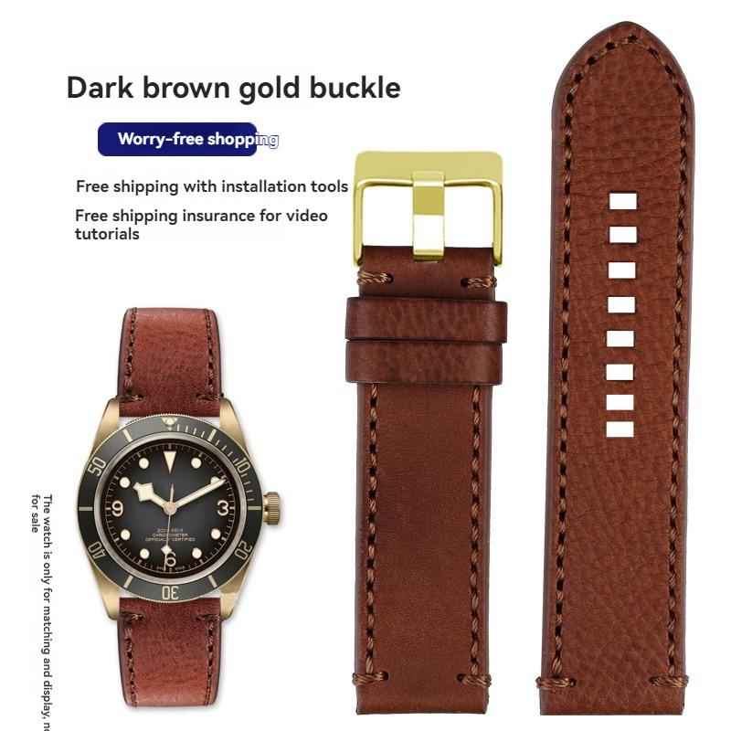 For TUDOR Black Bay Qicheng Bronze Little Red Flower Zenith Vintage Genuine Leather Watch Strap Men 22mm 23mm Cowhide Wristband