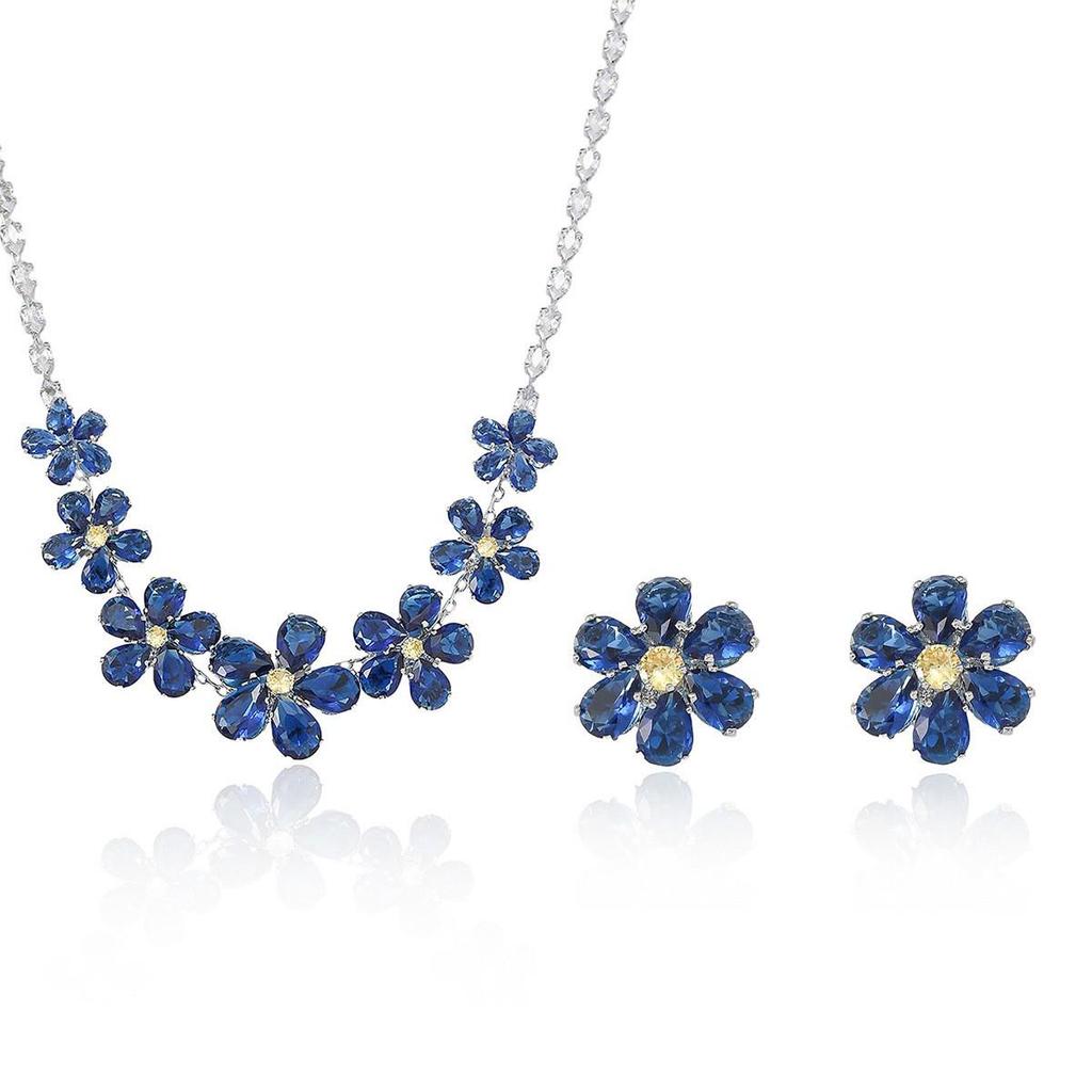 Zircon Blue Temperament Necklace and Earrings Set - European & American Style with Small Flower Design