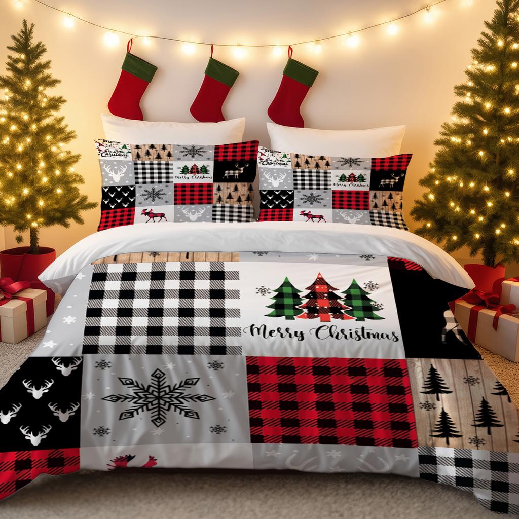 3pcs Checkered Christmas Print Coreless Bedding Set Dormitories Bedrooms Soft and Comfortable Multiple Sizes Machine Washable