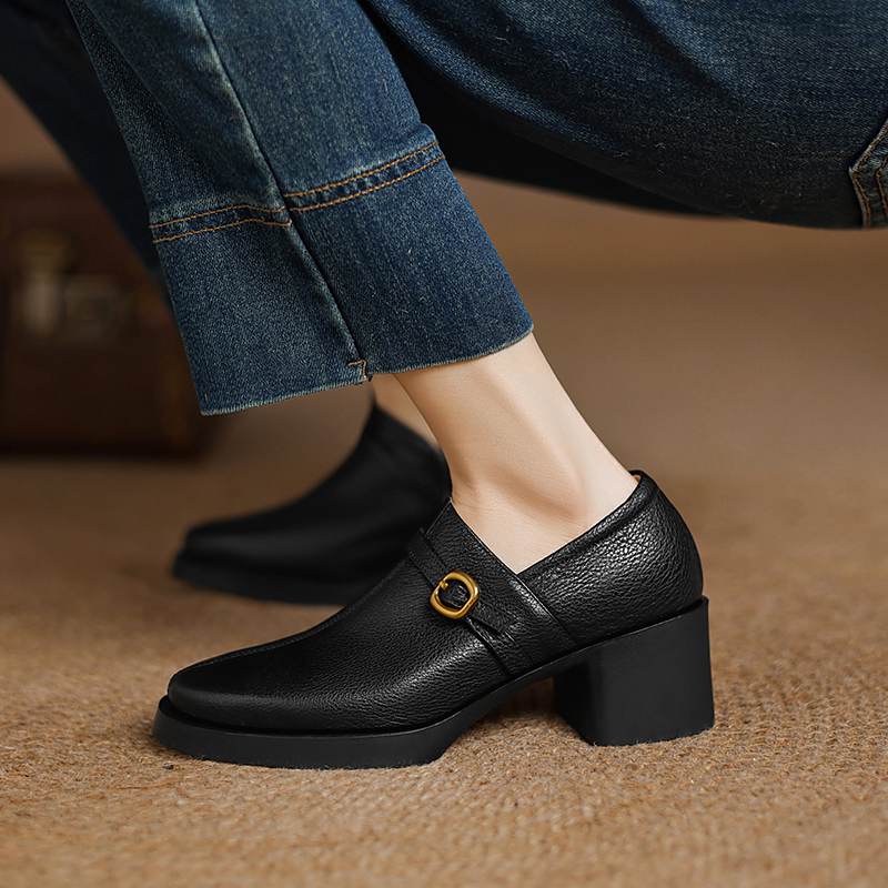 Krazing Pot Cow Skin Autumn Winter Shoes Chunky Heels Size 43 Size 42 Round Toe Zipper Deep Mouth Retro Fashion Pumps