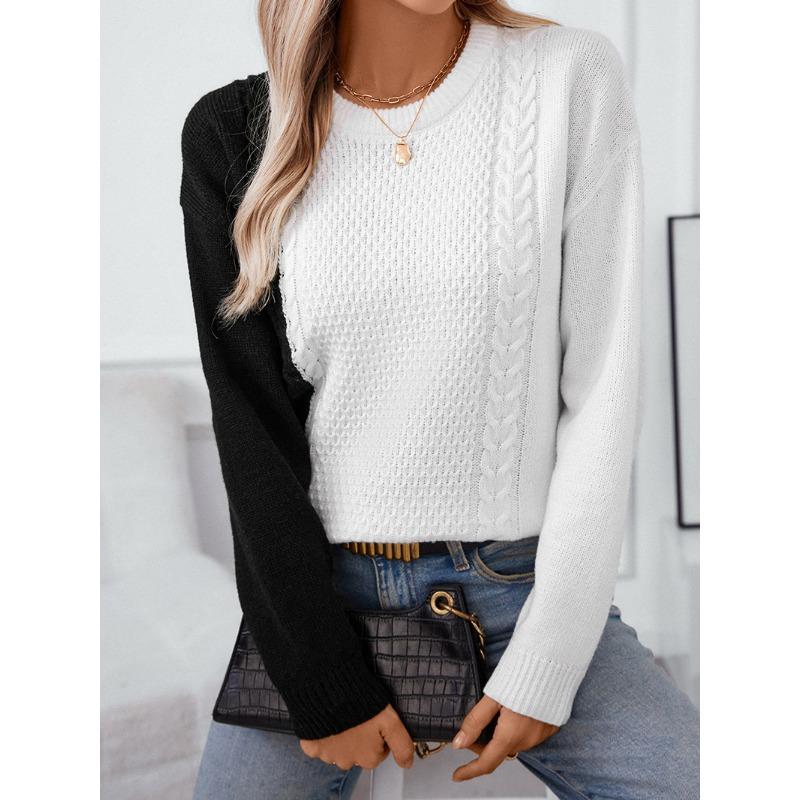 Women's Patchwork Contrasting Crewneck Sweater for Autumn and Winter Vintage Loose Knit Pullover Twist Sweater