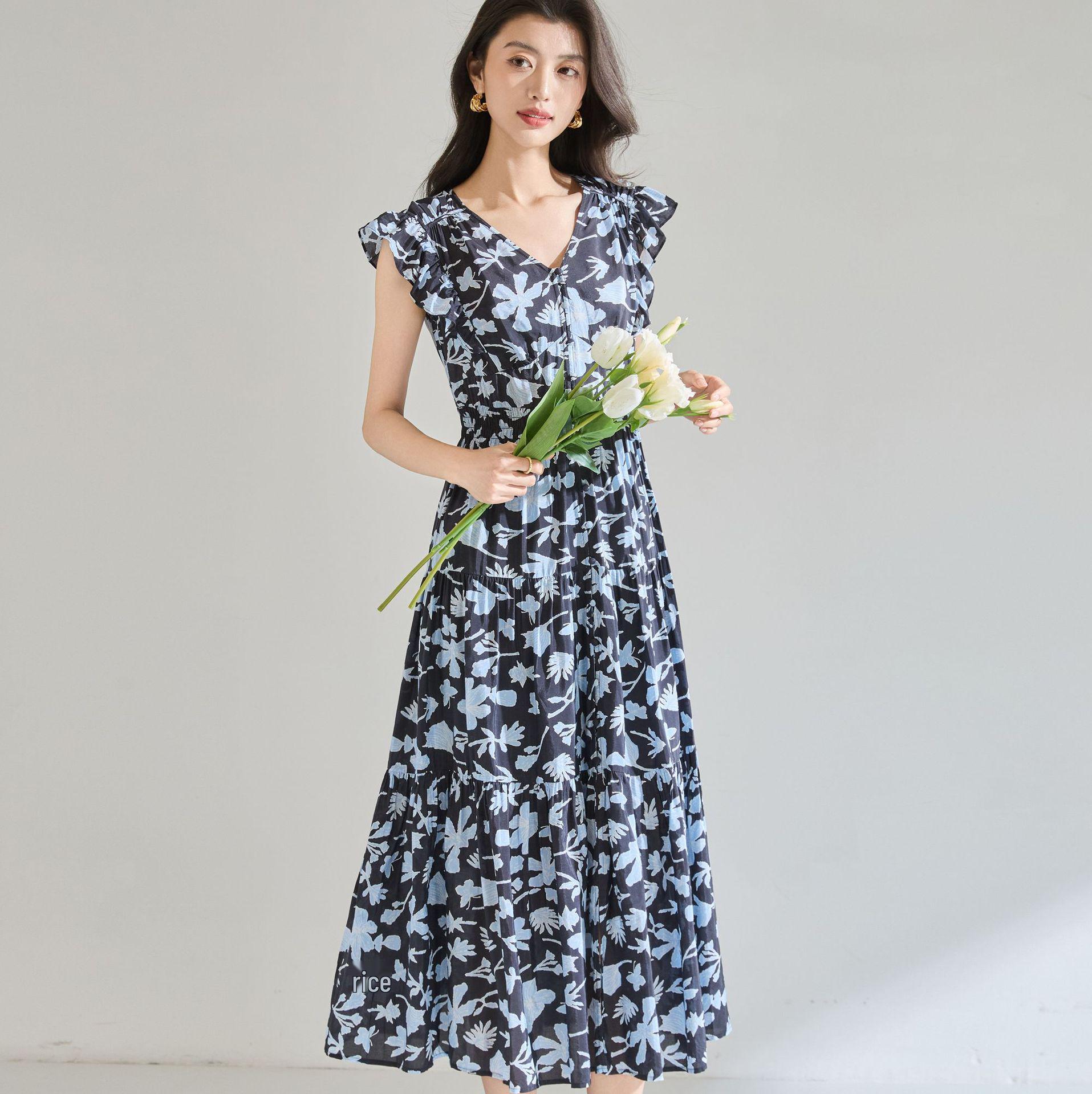 Blue French Floral Cotton Ruffle V-Neck Sleeveless Dress 22783 L синий