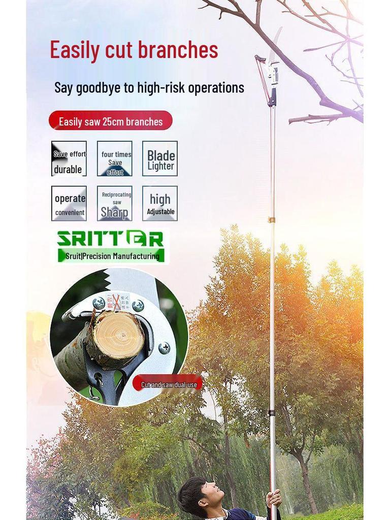 Aluminum Alloy Telescopic Pole and Pruner with High Branch Saw for Tree Pruning.