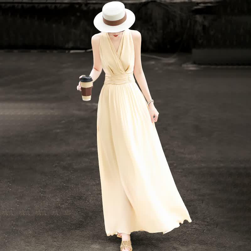 Elegant V-Neck Pleated A-Line Maxi Dress XXL