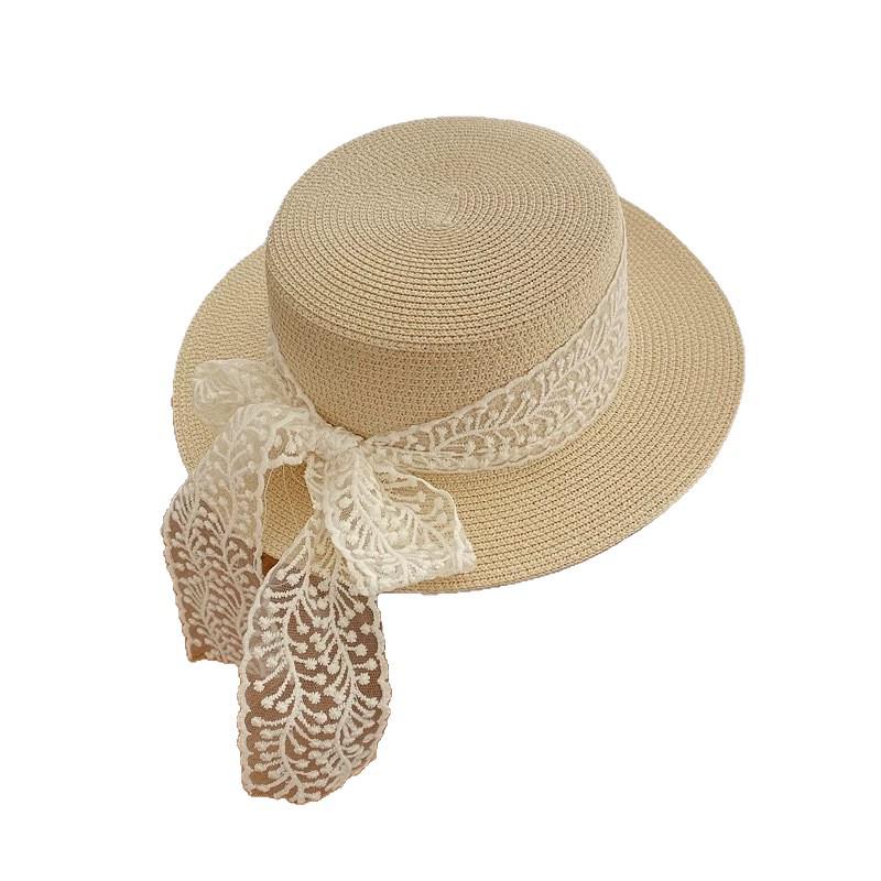 Korean Style Women's Straw Hat with Bow Tie Lace, Sun Protection, Versatile Summer Accessory for a Slimmer Face.