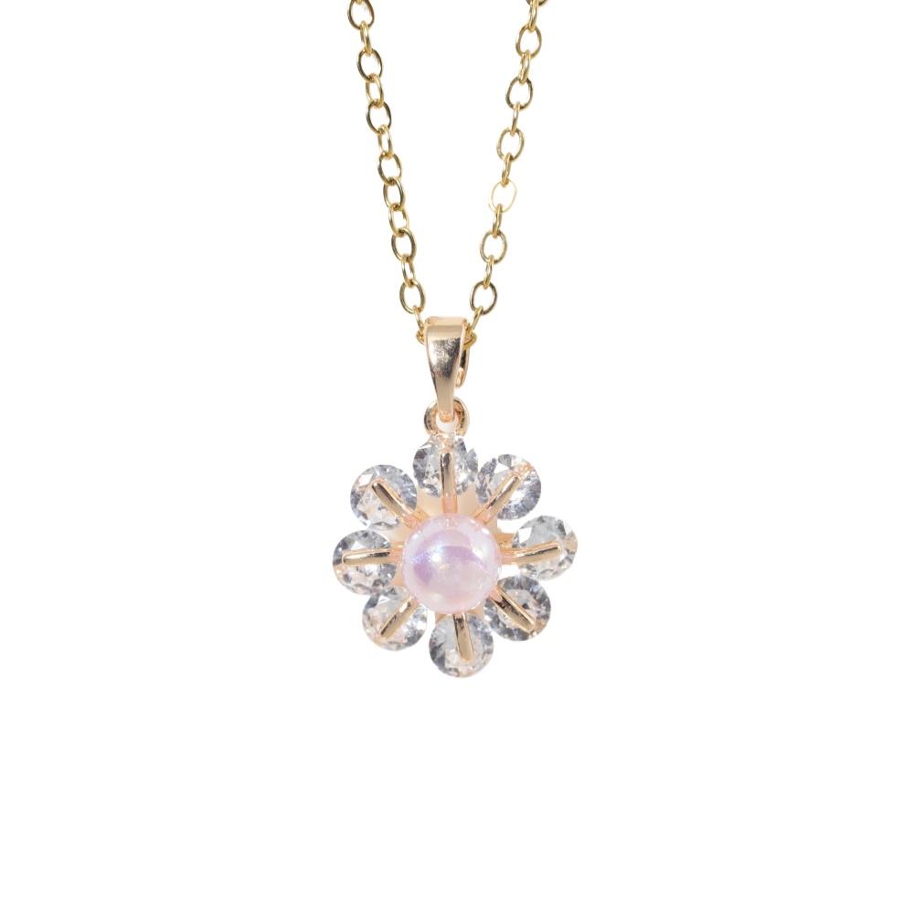 Stainless Steel Pink Imitation Pearls Flower Pendant Necklace with Zirconia for Women