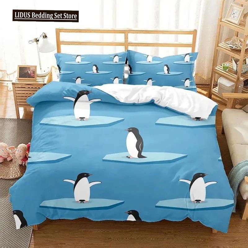 Cartoon Penguin Duvet Cover Set For Boys Girl Animated Antarctic Animal Polyester Quilt Cover White Black King Queen Size