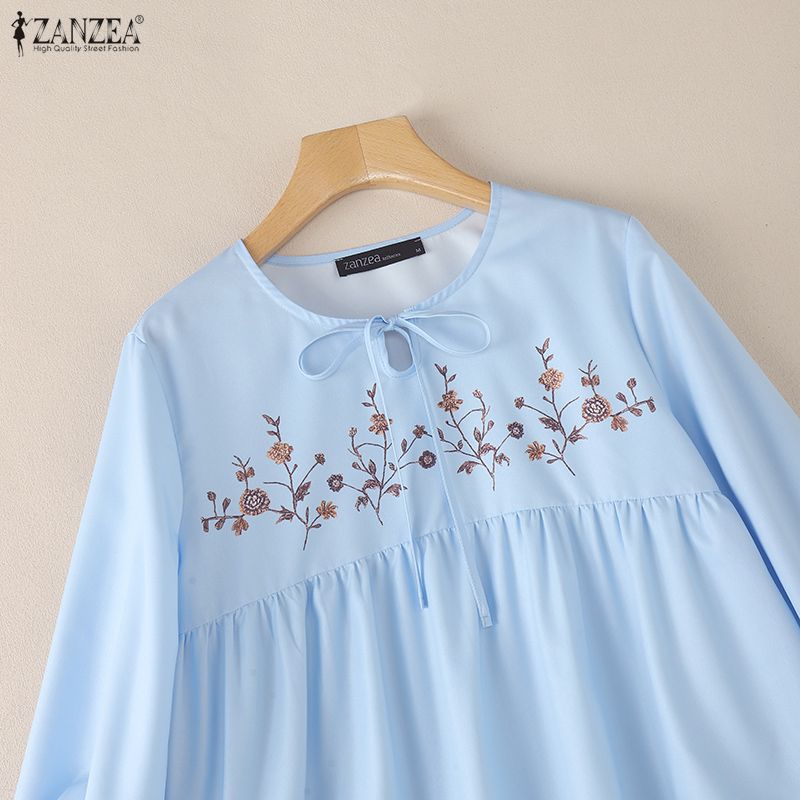 ZANZEA Women Casual Round Neck Loose Long Sleeve Print Blouse