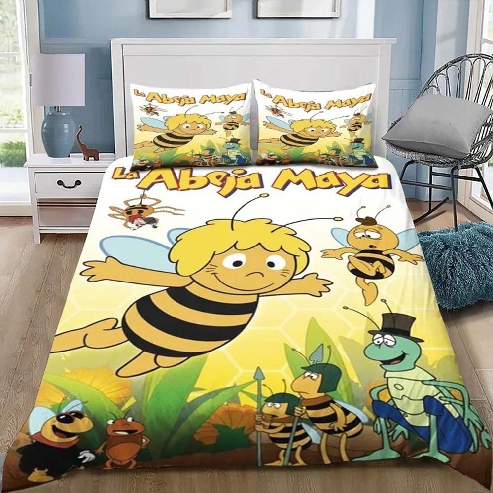 Housse de couette taie d'oreiller Maya Catoon Mode Biene Maja Linge de lit Garçon Fille Décoration de chambre Cadeau enfant Simple Double Grande Taille 100×135cm yellow
