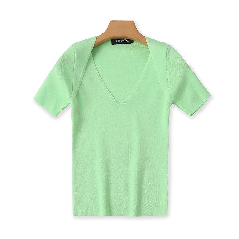 

Трикотажная эластичная футболка-пуловер с V-образным вырезом из ледяного шелка, имитирующая двойку Fruit Green All yards