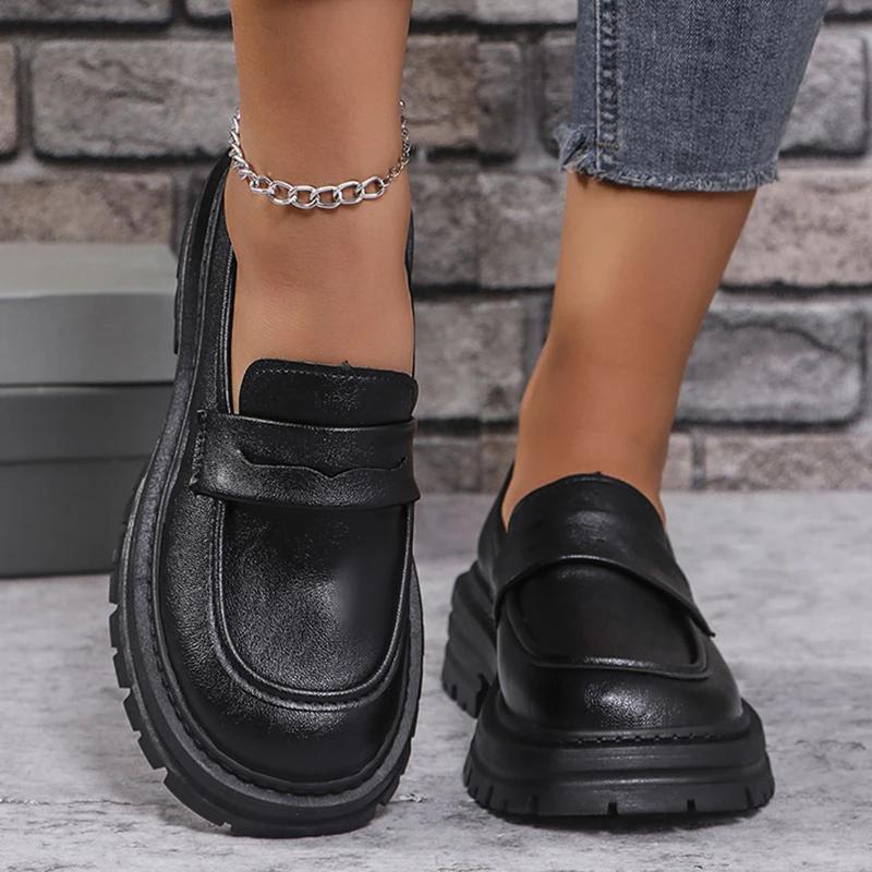 Lucyever Metallkjede Plattform Loafers Kvinner Pluss Størrelse Tykk Bunn Kontor PU Lær Sko Kvinne Slip On Retro Jk Uniform Sko