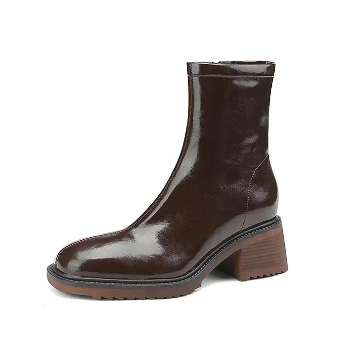 Fashion NEW Autumn/Winter Women Boots Split Leather Shoes for Women Square Toe Chunky Heel Shoes Zip Modern Boots Wool Warm Daily Shoes