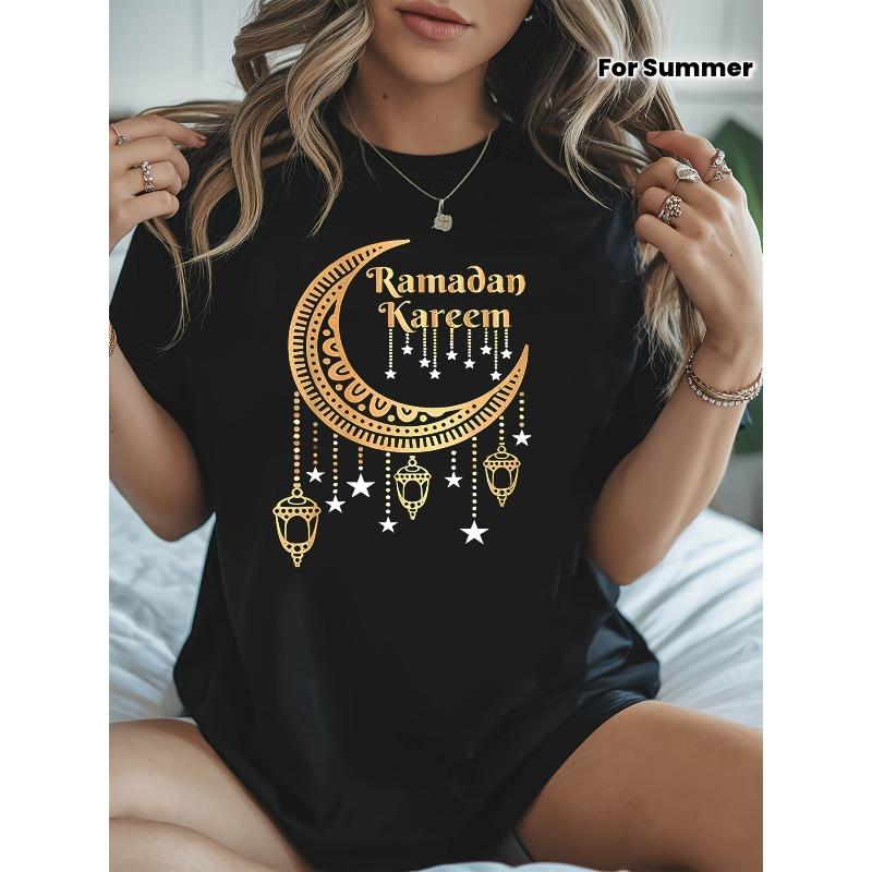 

Ramadan Kareem Golden Crescent Lantern Star Graphic Print T-Shirt | Women S Spring/Summer Short-Sleeve Crew-Neck Casual Tee, Daily Leisure, S чёрный